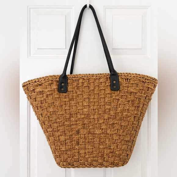 J.Crew Woven Seagrass Tote | Black Leather Handles | Large Beach Vacation Bag - Picture 1 of 6